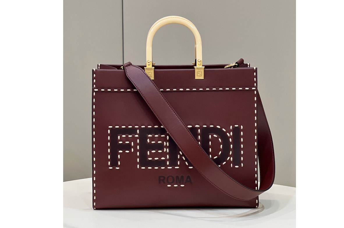 Fendi 8BH386 Sunshine Medium Shopper Tote bag in Bordeaux leather