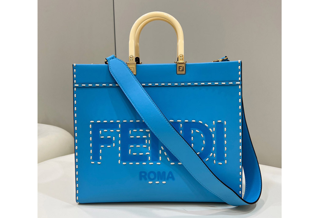 Fendi 8BH386 Sunshine Medium Shopper Tote bag in Blue leather