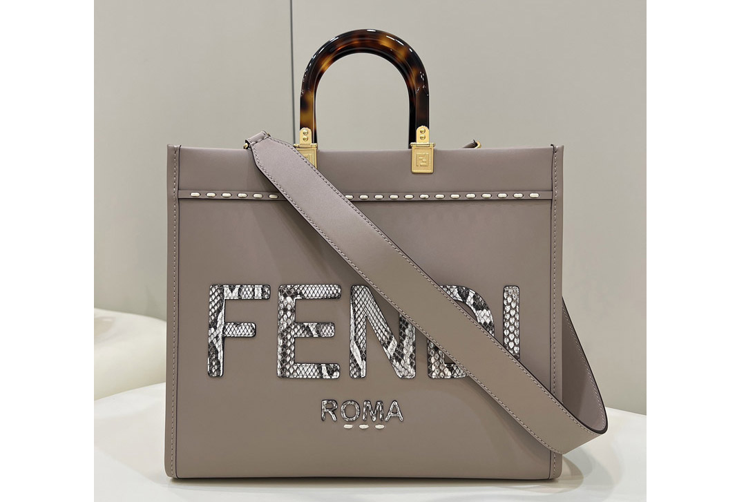 Fendi 8BH386 Fendi Sunshine Medium shopper Bag in Gray leather and elaphe