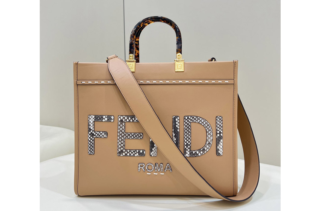 Fendi 8BH386 Fendi Sunshine Medium shopper Bag in Light Brown leather and elaphe