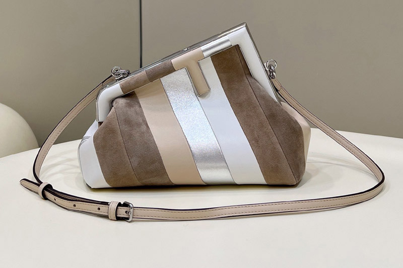 Fendi 8BP129 Fendi First Small bag in Leather bag with silver and light brown inlay