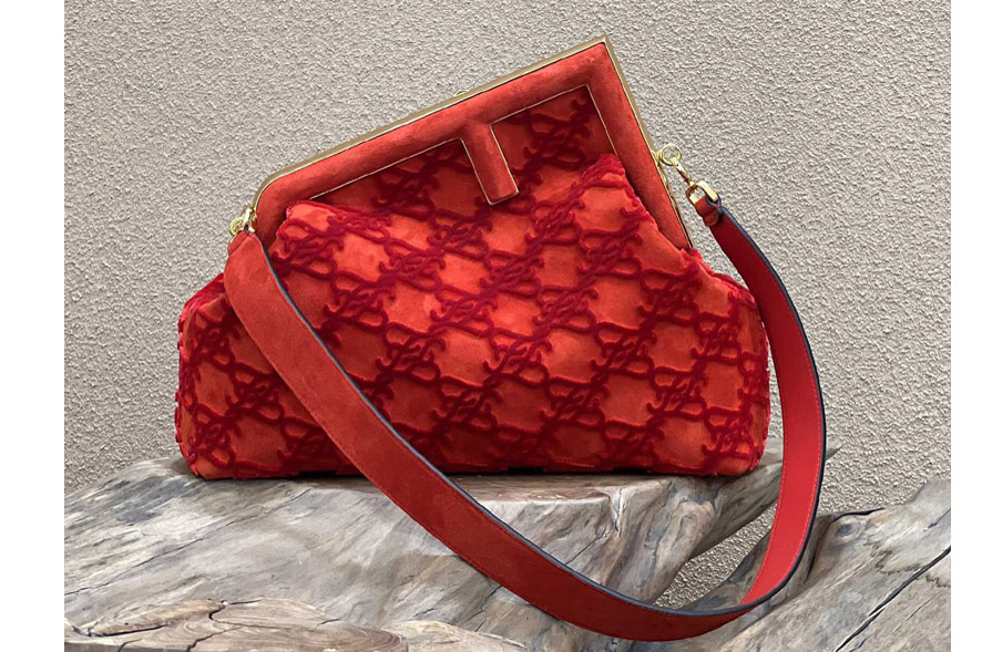 Fendi 8BP127 Fendi First Medium Bag in Red suede