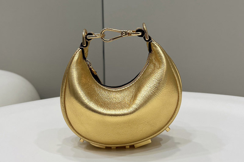 Fendi 7AS089 Nano Fendigraphy Mini hobo bag in Gold leather charm