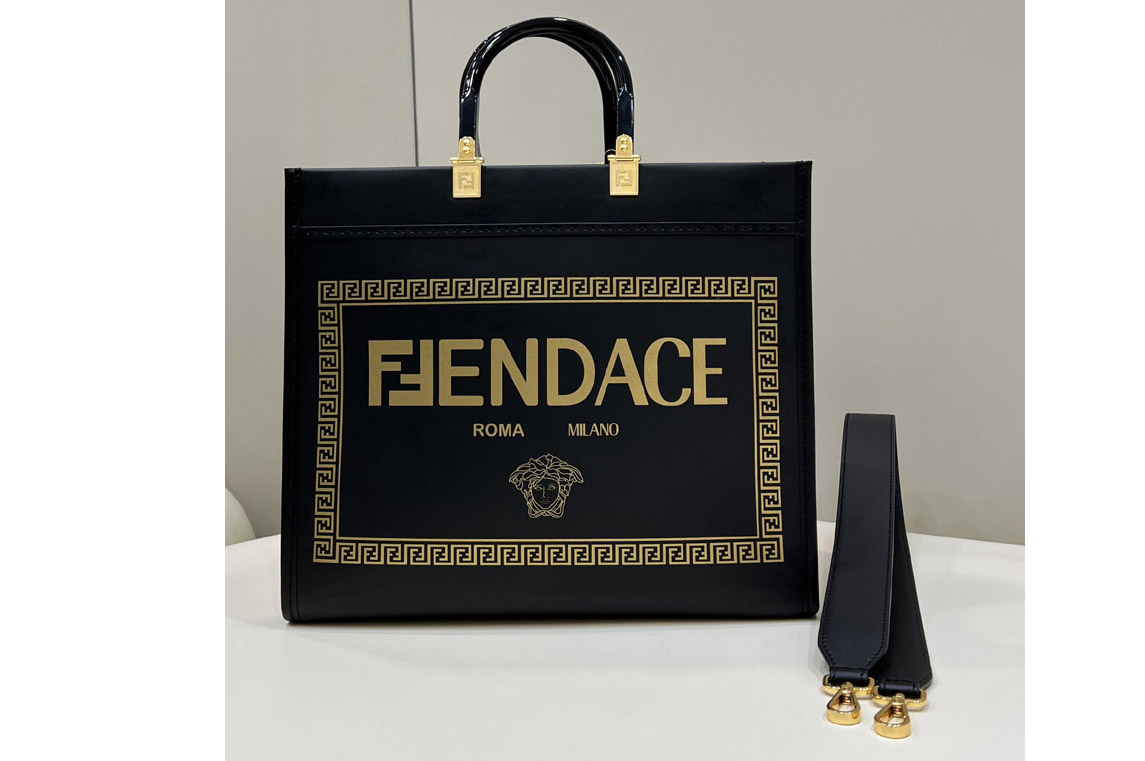 Fendi & Versace 8BH386 Fendace Sunshine Medium shopper Tote Bag in Fendace Printed black leather Logo