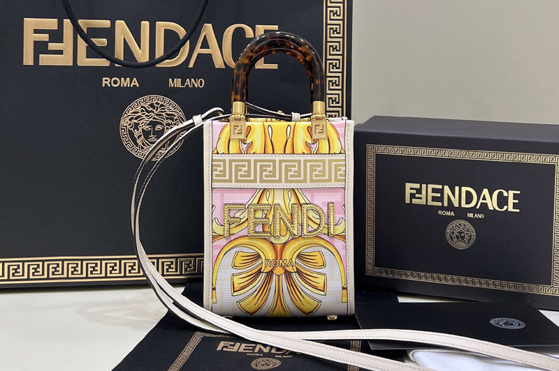 Fendi & Versace 8BS051 Mini Sunshine Shopper Bag in Fendace Printed white leather