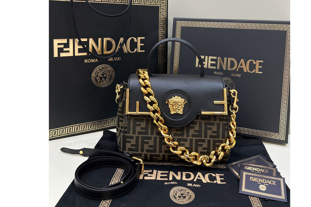 Fendi x Versace DBFI039 Fendace La Medusa Medium Handbag in FF Canvas with Fendace Gold Baroque print
