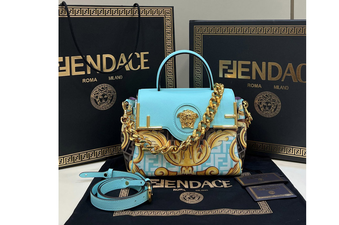 Fendi x Versace DBFI039 Fendace La Medusa Medium Handbag in Blue Leather with Fendace Gold Baroque print