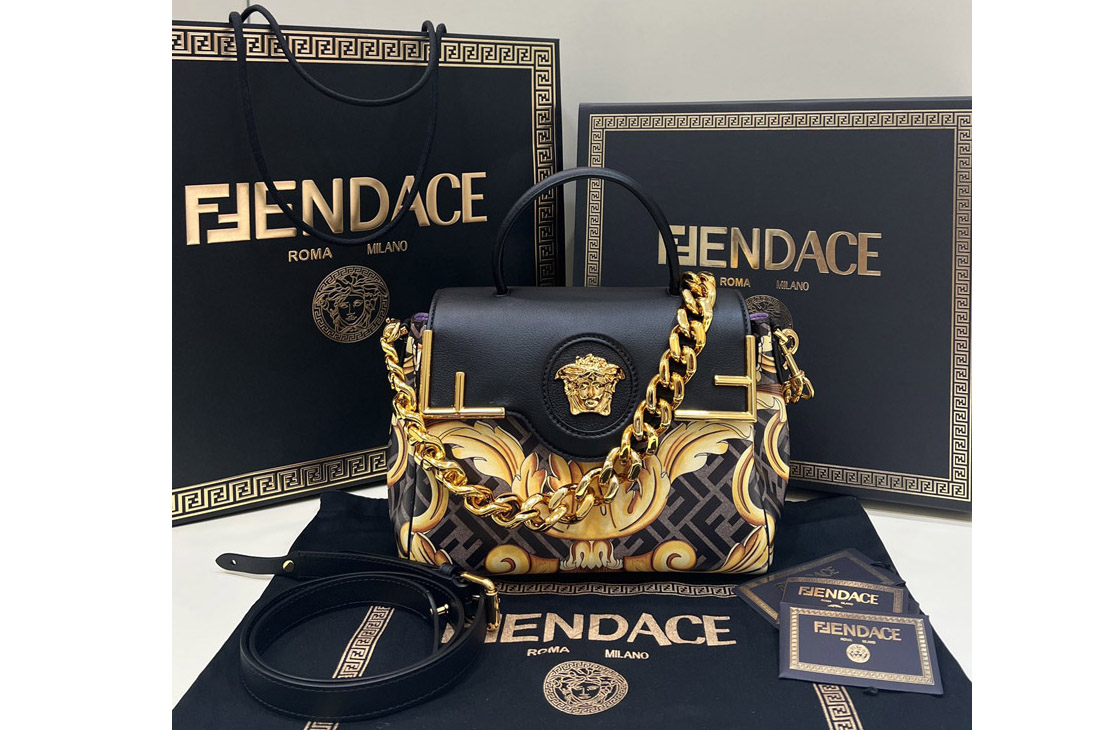 Fendi x Versace DBFI039 Fendace La Medusa Medium Handbag in Black Leather with Fendace Gold Baroque print