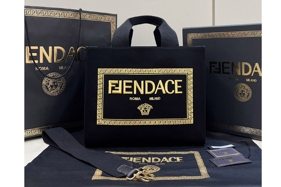 Fendi & Versace 8BH395 Fendace Small Shopping Tote Bag in Fendace Embroidered black canvas