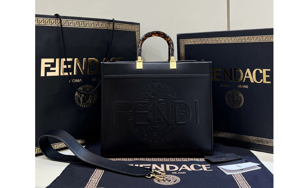 Fendi & Versace 8BH372 Fendace Sunshine Large Shopper Bag in Fendace Printed Black leather