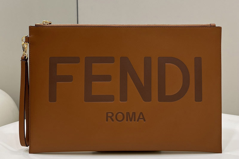 Fendi 8N0178 Roma Large Flat Pouch in Brown leather