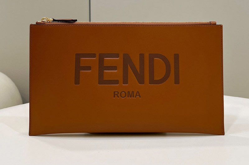 Fendi 8N0149 Roma Medium Flat Pouch in Brown leather