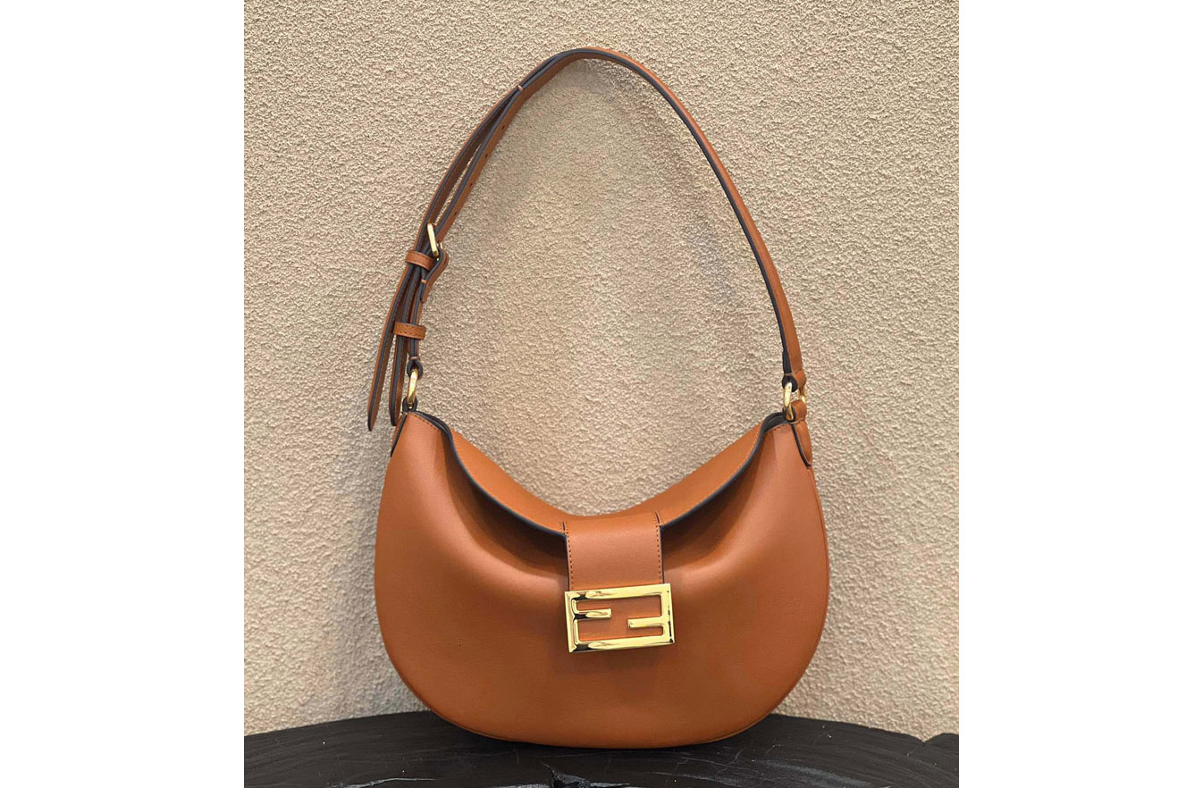 Fendi 8BR790 Croissant Small Bag in Tan Leather