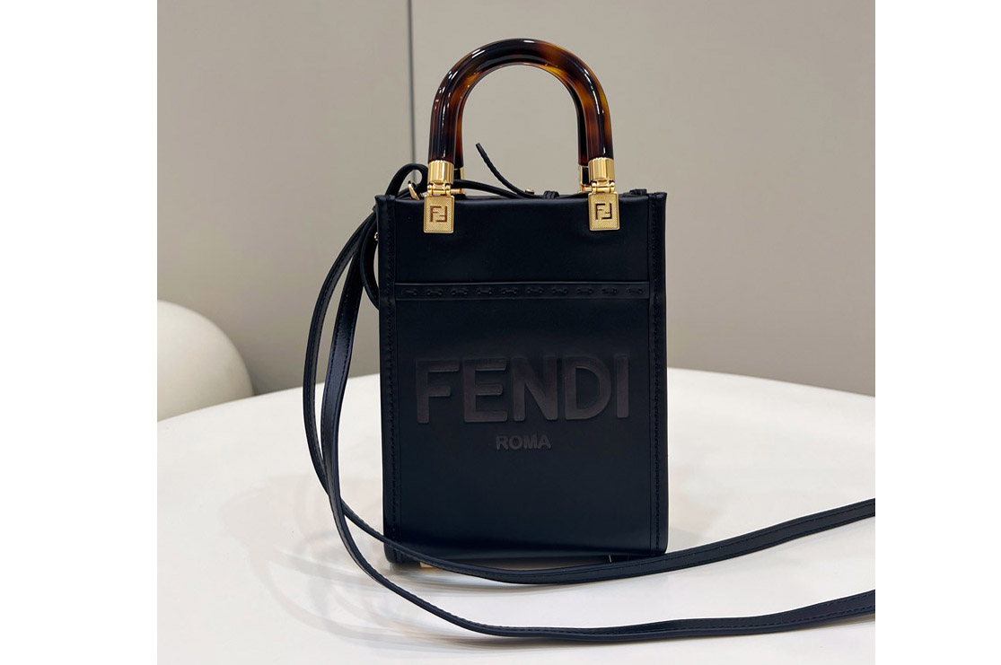 Fendi 8BS051 Mini Sunshine Shopper tote Bag in Black leather