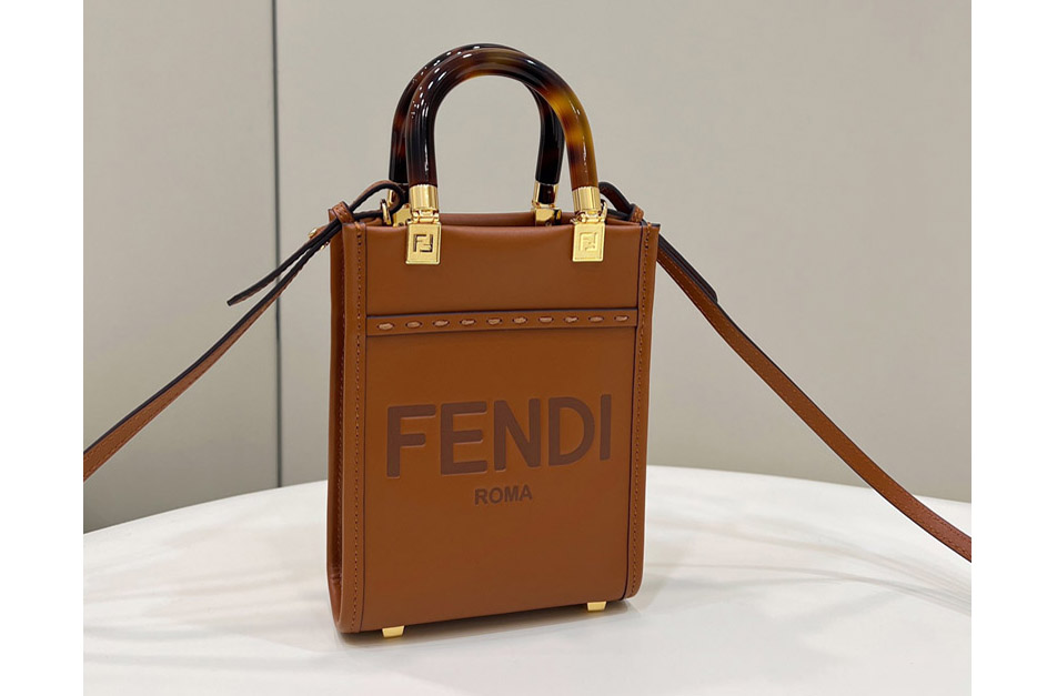 Fendi 8BS051 Mini Sunshine Shopper tote Bag in Brown leather