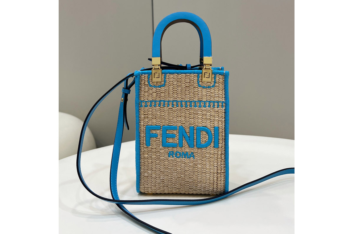 Fendi 8BS051 Mini Sunshine Shopper tote Bag in Beige raffia With Blue