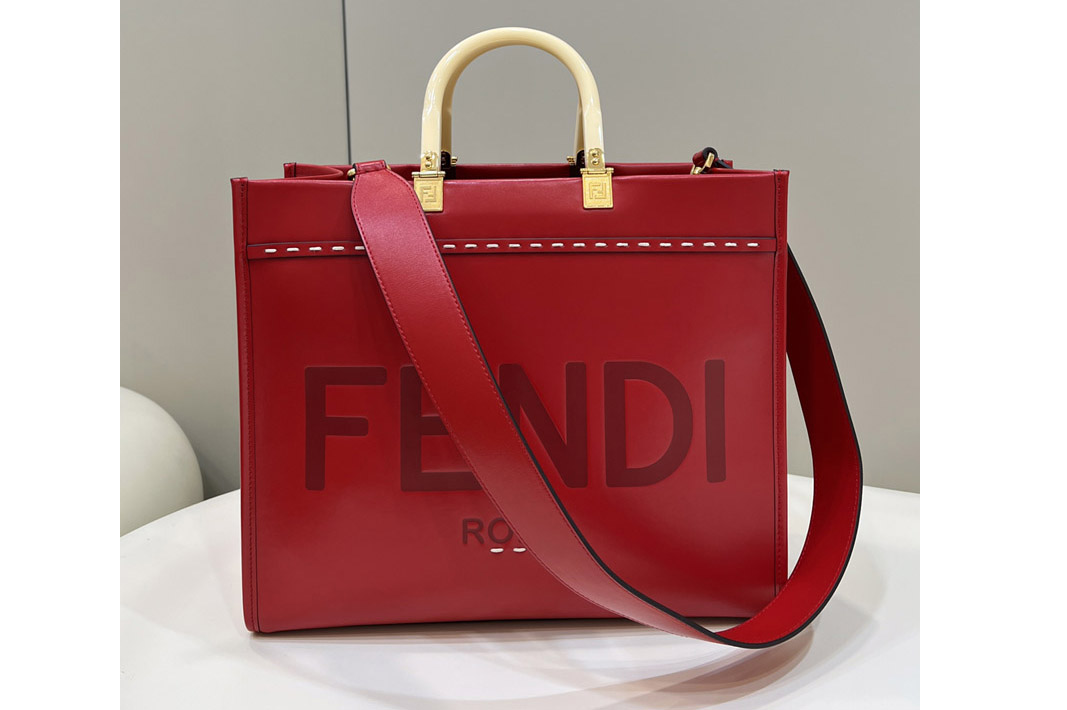 Fendi 8BH372 Large Fendi Sunshine shopper Tote Bag in Red leather