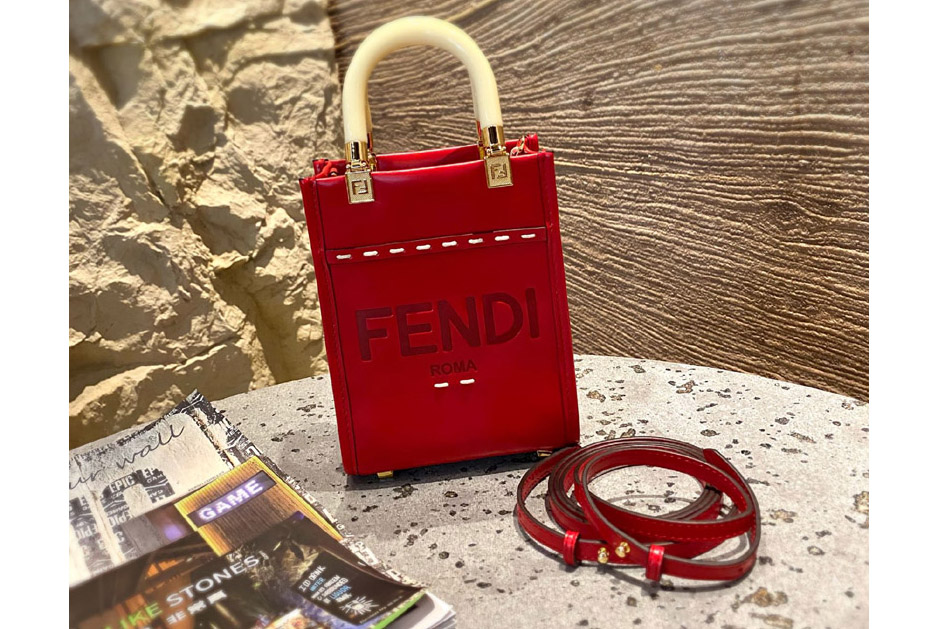Fendi 8BS051 Mini Sunshine Shopper Tote Bag in Red leather