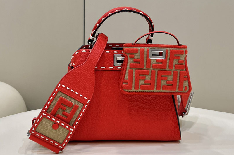 Fendi 8BN244 Peekaboo Mini Bag in Red leather