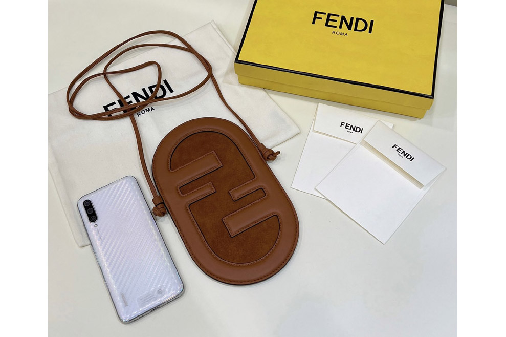 Fendi 7AS055 12 Pro Phone Holder pouch bag in Brown leather and suede