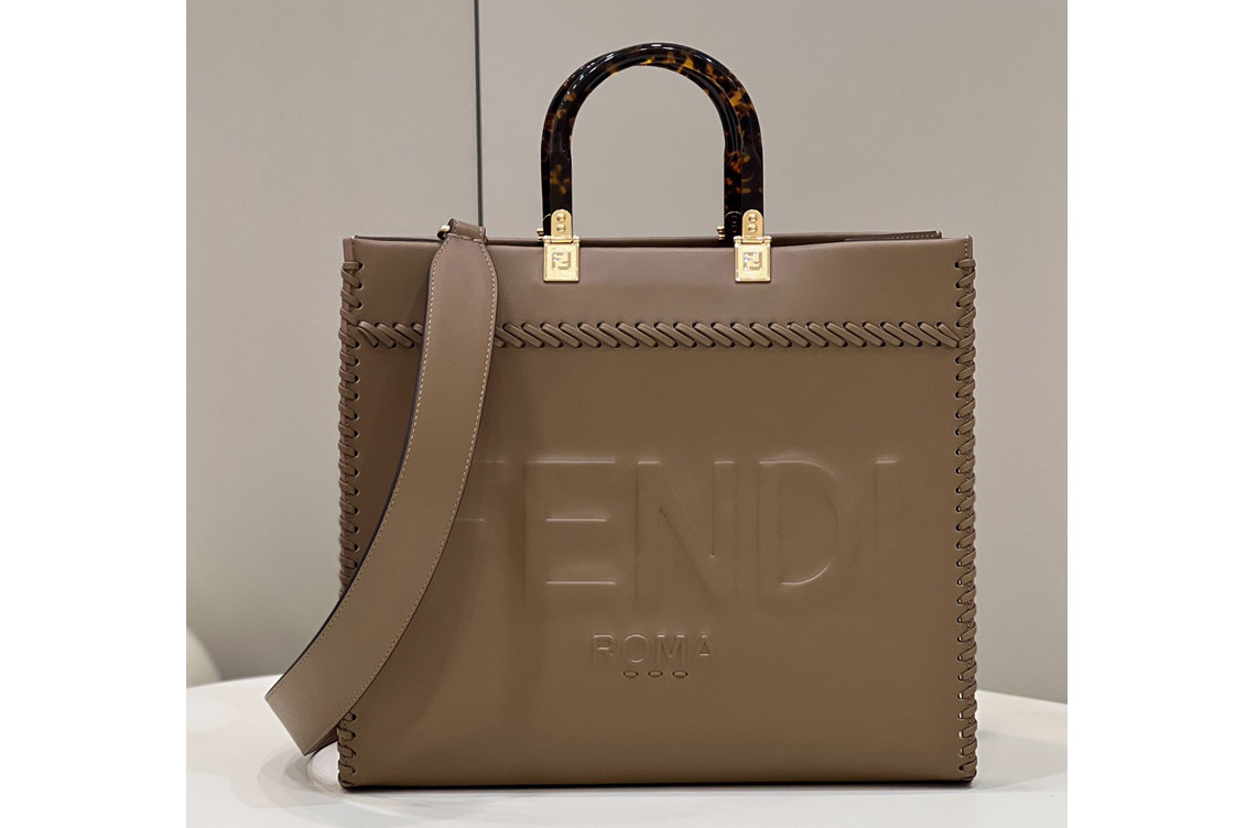 Fendi 8BH386 Medium Sunshine shopper Bag in Khaki leather shopper with decorative stitching