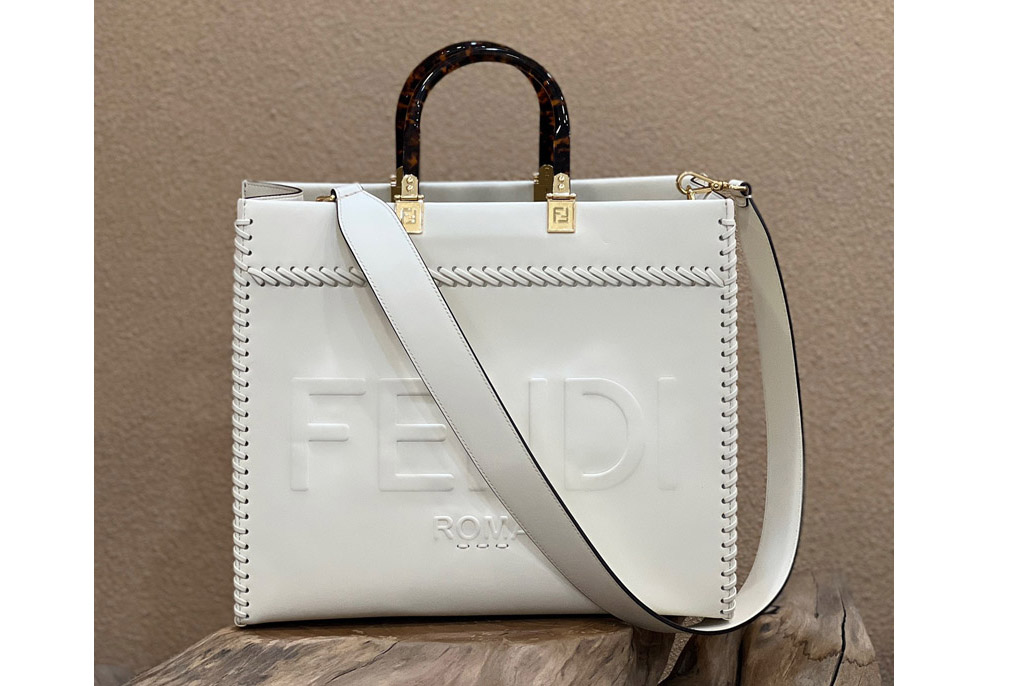 Fendi 8BH386 Medium Sunshine shopper Bag in White leather shopper with decorative stitching