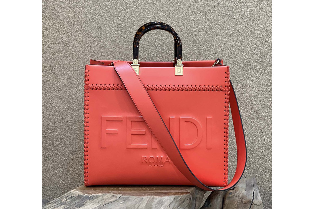 Fendi 8BH386 Medium Sunshine shopper Bag in Red leather shopper with decorative stitching