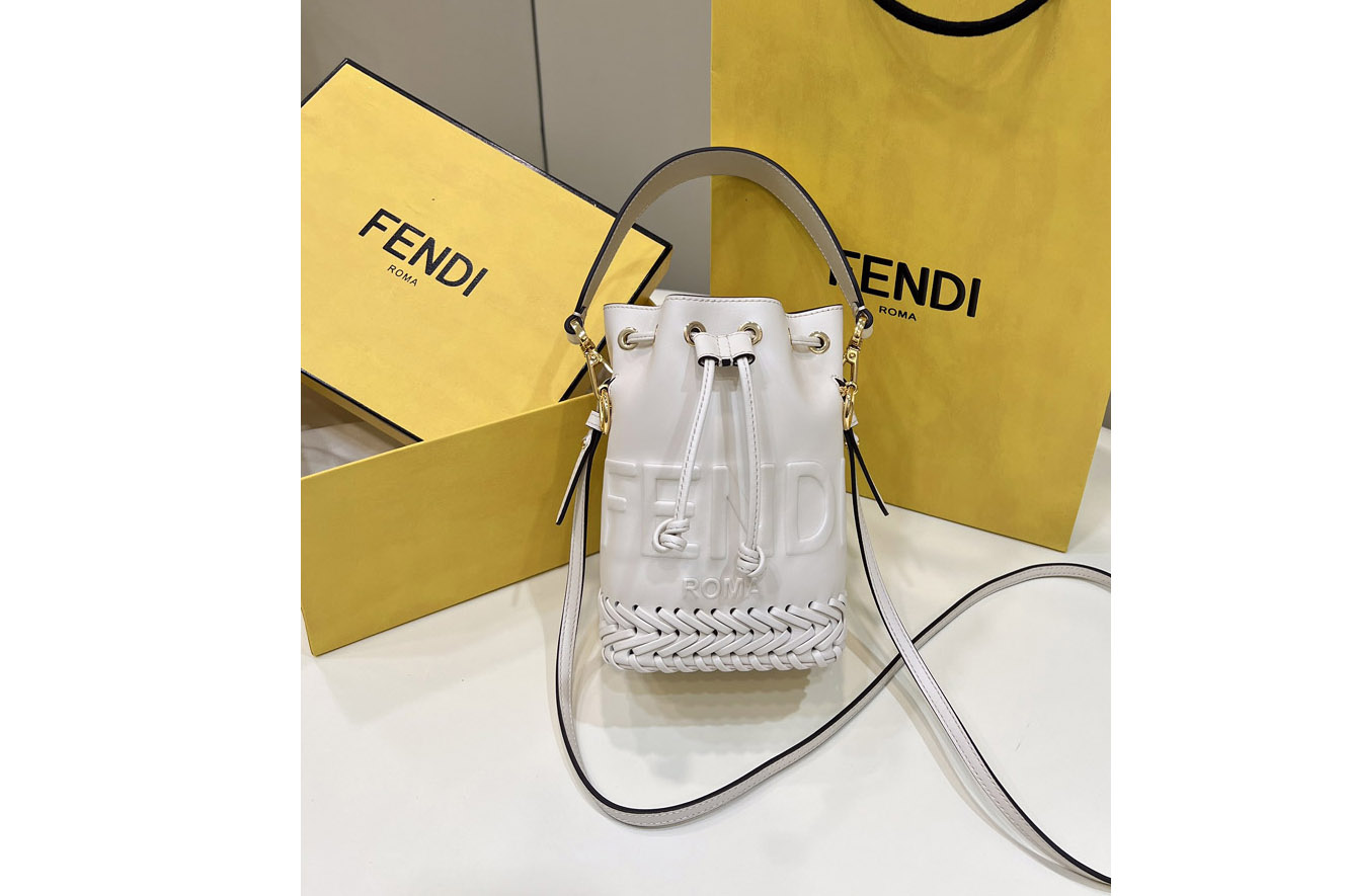 Fendi 8BS010 Small Mon Tresor bucket Mini bag in White leather with decorative stitching