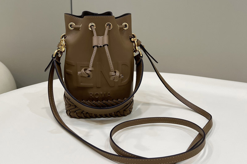 Fendi 8BR600 Small Mon Tresor bucket Mini bag in Brown leather with decorative stitching