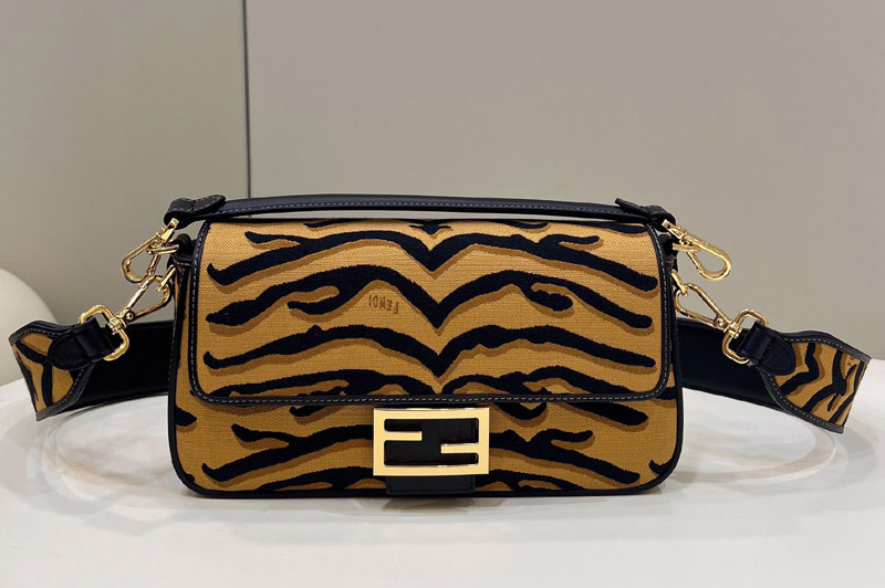 Fendi 8BR600 Baguette medium bag in Black/Yellow jacquard fabric featuring a Tiger motif
