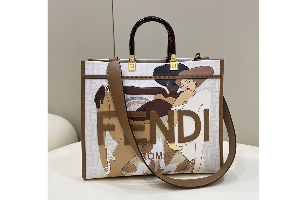 Fendi 8BH386 Medium Sunshine Shopper bag in FF white glazed fabric