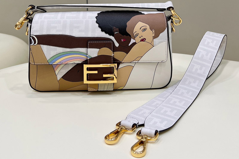 Fendi 8BR600 medium Baguette bag in FF white glazed fabric bag with inlay