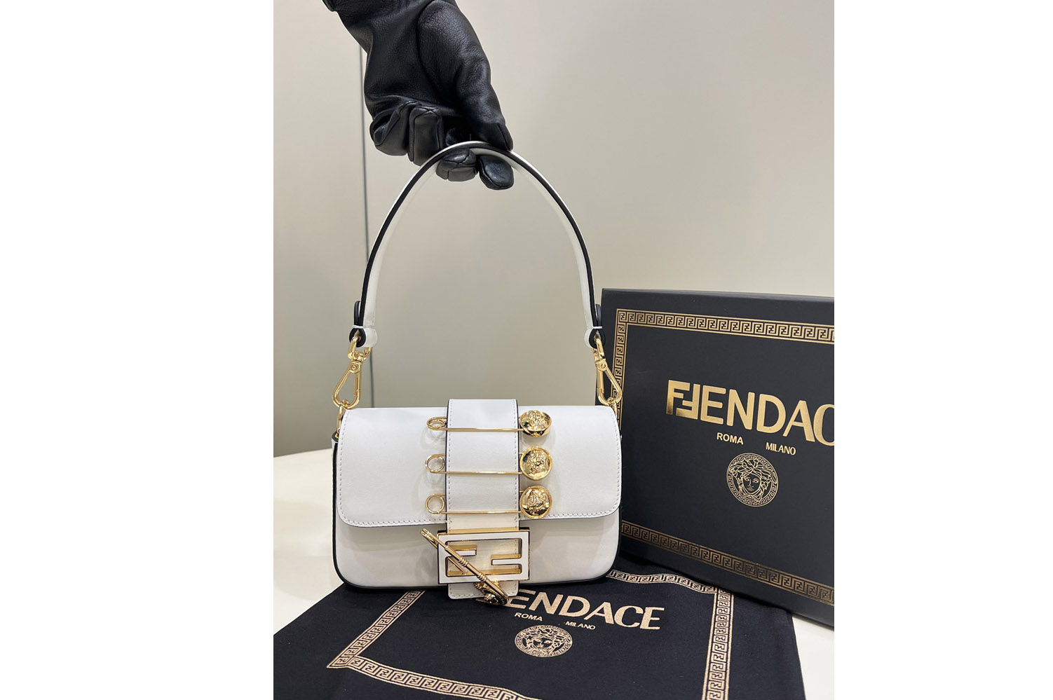 Fendi x Versace 8BS066 Mini Brooch Baguette bag in White Leather