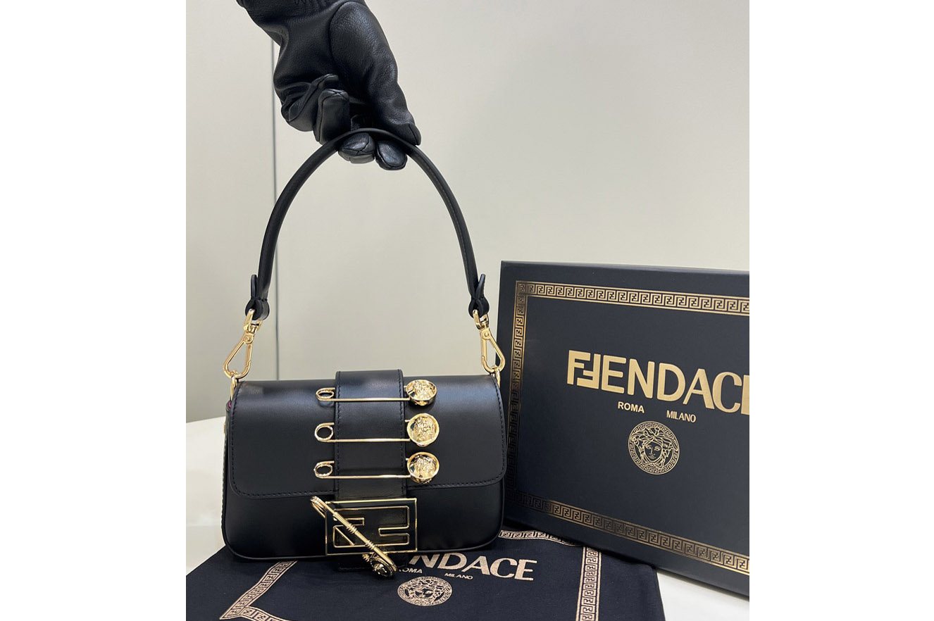 Fendi x Versace 8BS066 Mini Brooch Baguette bag in Black Leather
