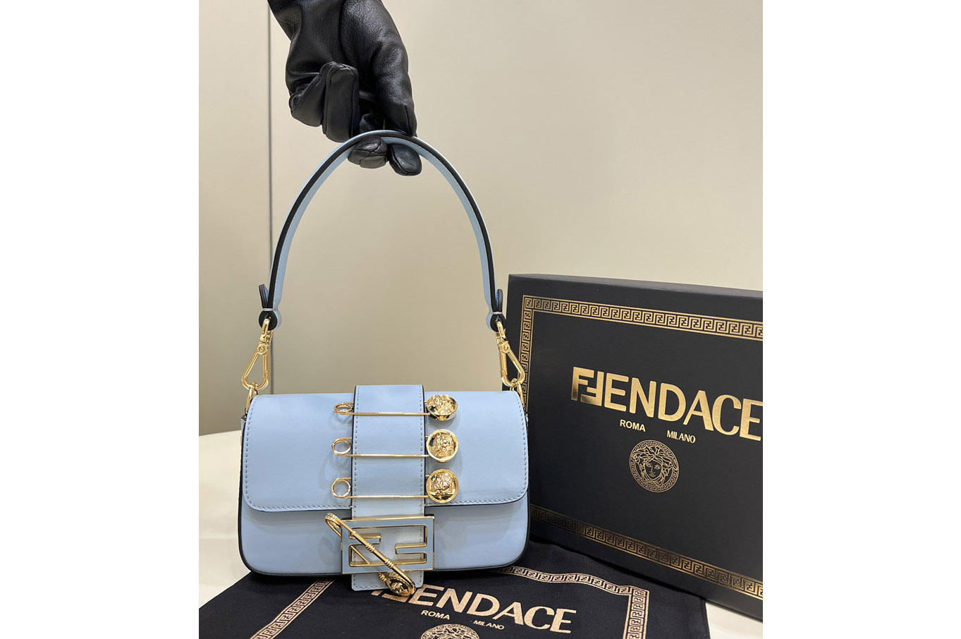 Fendi x Versace 8BS066 Mini Brooch Baguette bag in Blue Leather