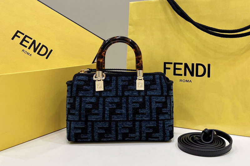 Fendi 8BS067 By The Way mini Boston bag in blue tapestry fabric