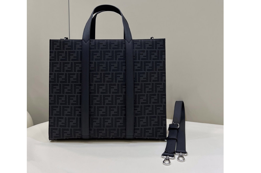 Fendi 7VA390 Shopper Tote Bag in Black FF jacquard fabric