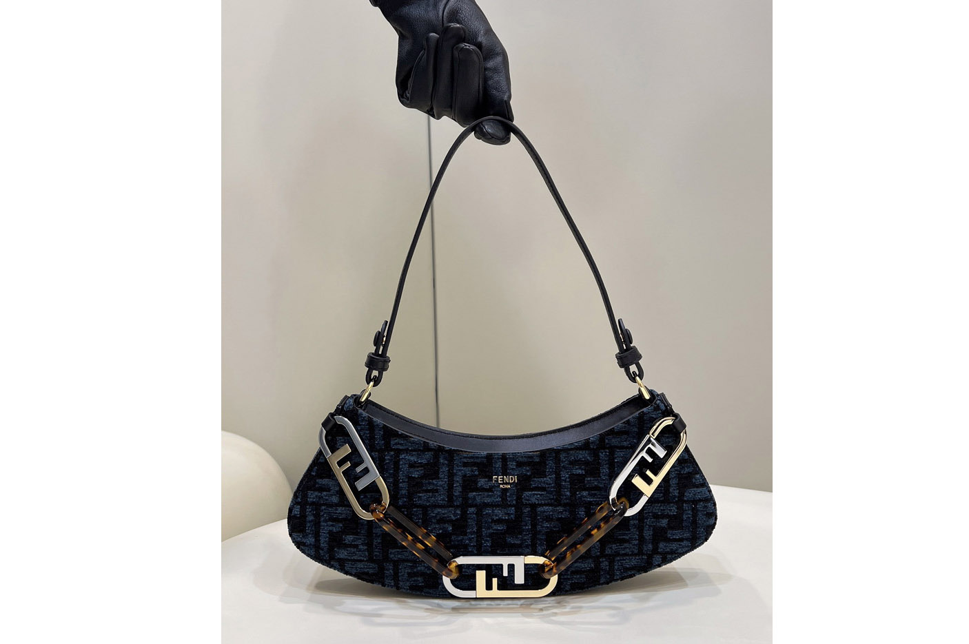 Fendi 8BS068 O'Lock Swing pouch bag in Blue tapestry fabric