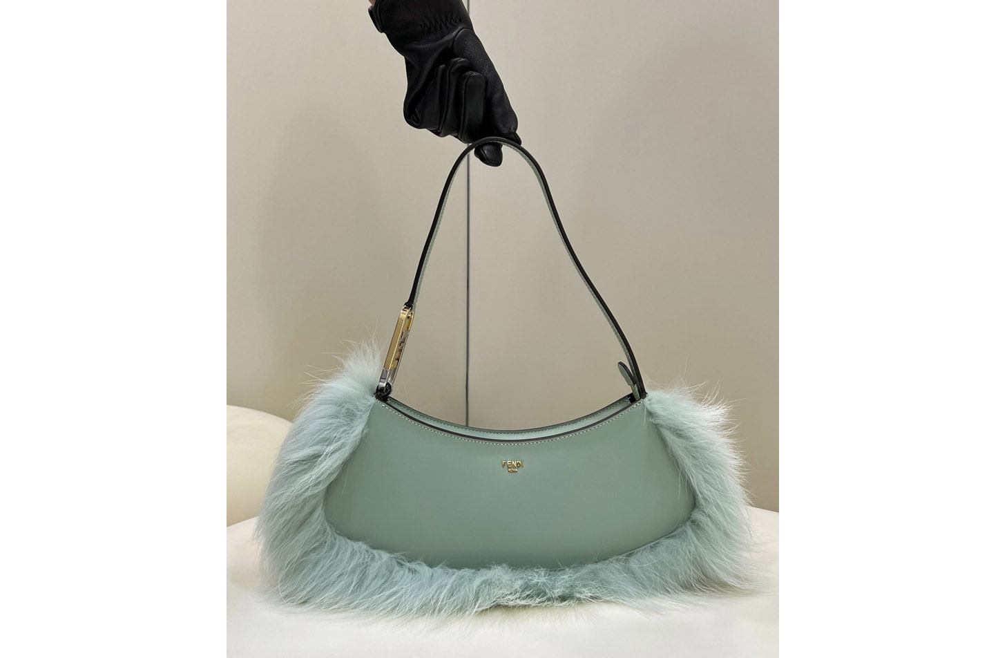Fendi 8BS068 O'Lock Swing pouch bag in Blue leather and fox fur