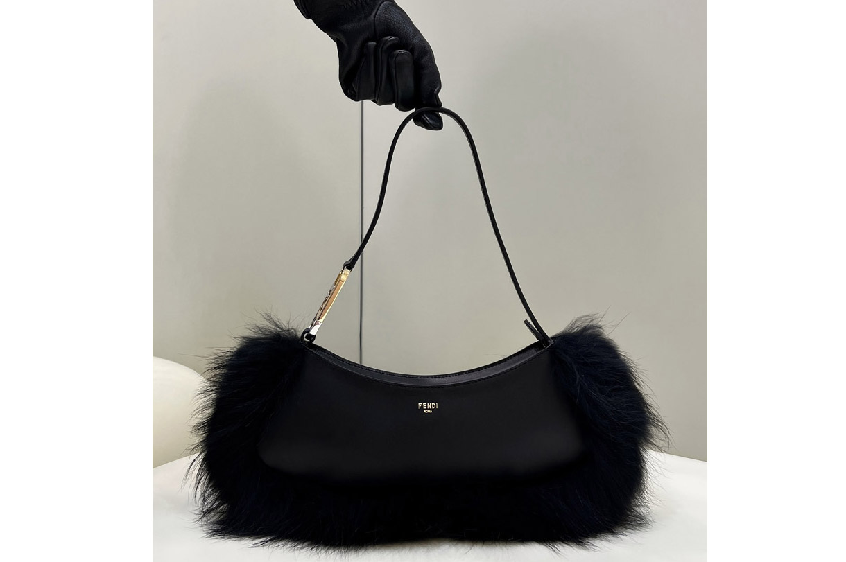 Fendi 8BS068 O'Lock Swing pouch bag in Black leather and fox fur