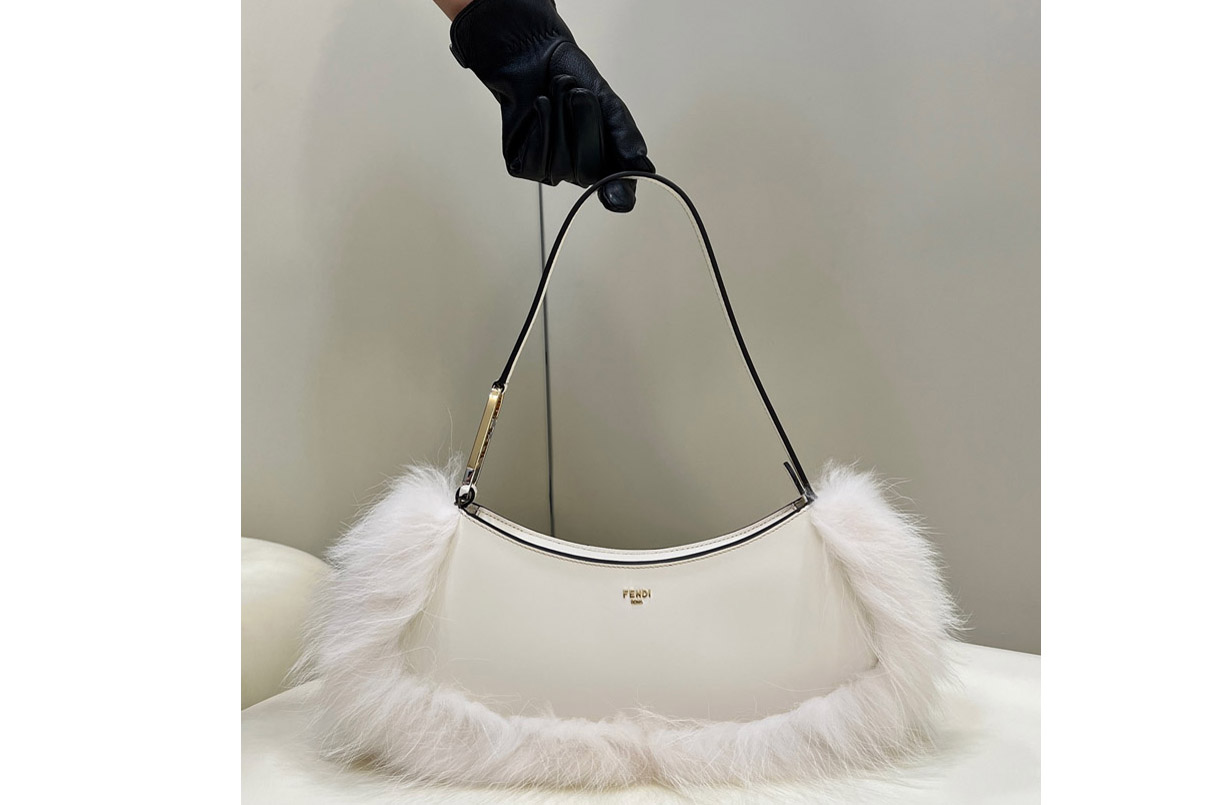 Fendi 8BS068 O'Lock Swing pouch bag in White leather and fox fur
