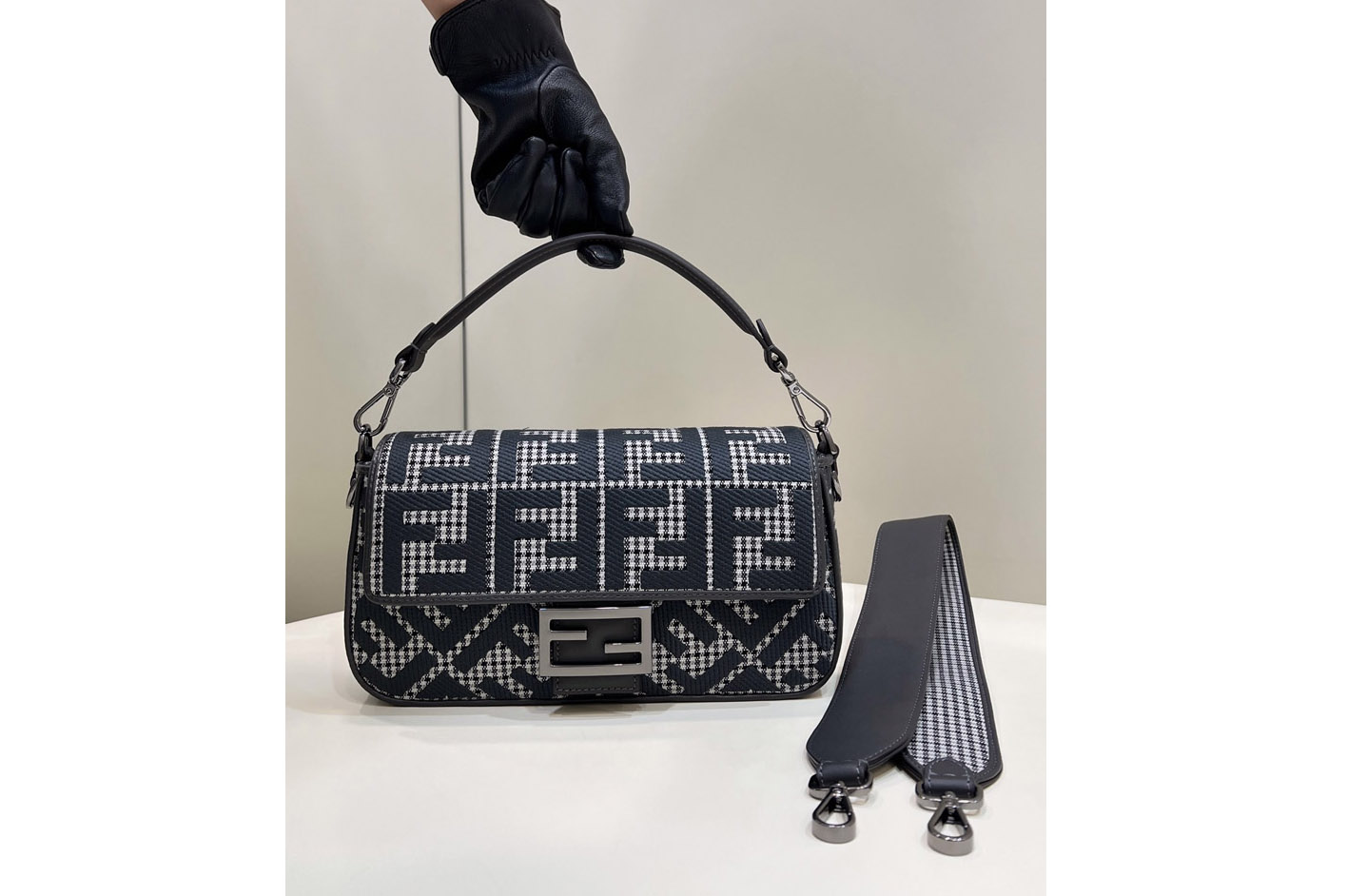 Fendi 8BS017 Baguette Mini bag in Blue houndstooth wool with FF embroidery