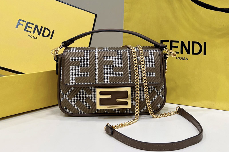 Fendi 8BS017 Baguette Mini bag in Brown houndstooth wool with FF embroidery