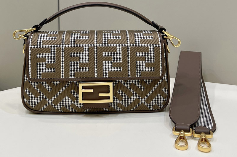 Fendi 8BR600 Baguette medium bag in Brown houndstooth wool with FF embroidery