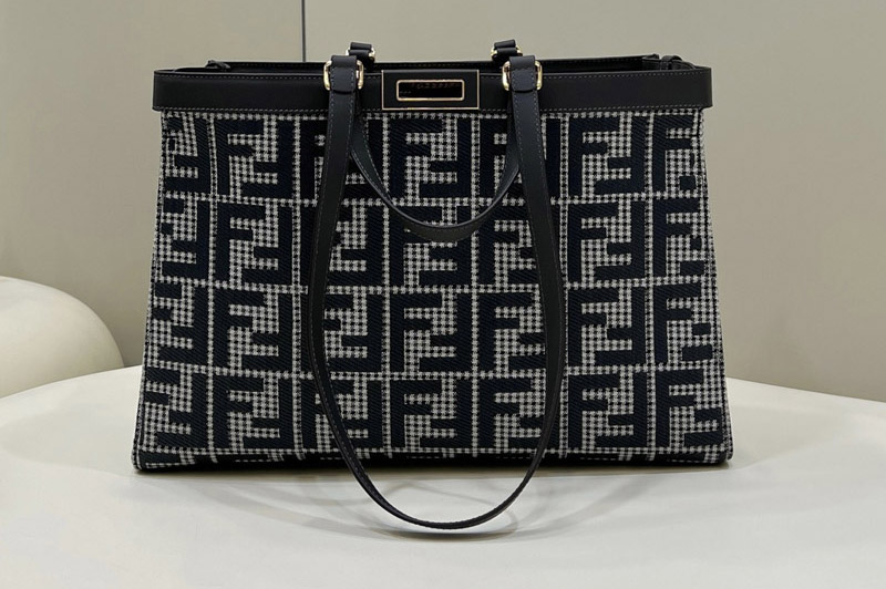 Fendi 8BH374 Medium X-Tote shopper bag in Gray houndstooth wool with FF embroidery