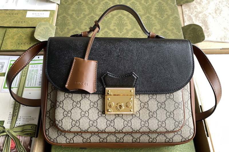 Gucci 644527 Padlock small shoulder bag in Beige and ebony GG Supreme canvas With Black Leahter