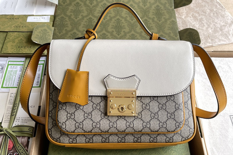 Gucci 644527 Padlock small shoulder bag in Beige and ebony GG Supreme canvas With White Leahter