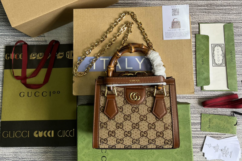 Gucci 675800 Diana mini bag in Camel and ebony GG canvas with crystals
