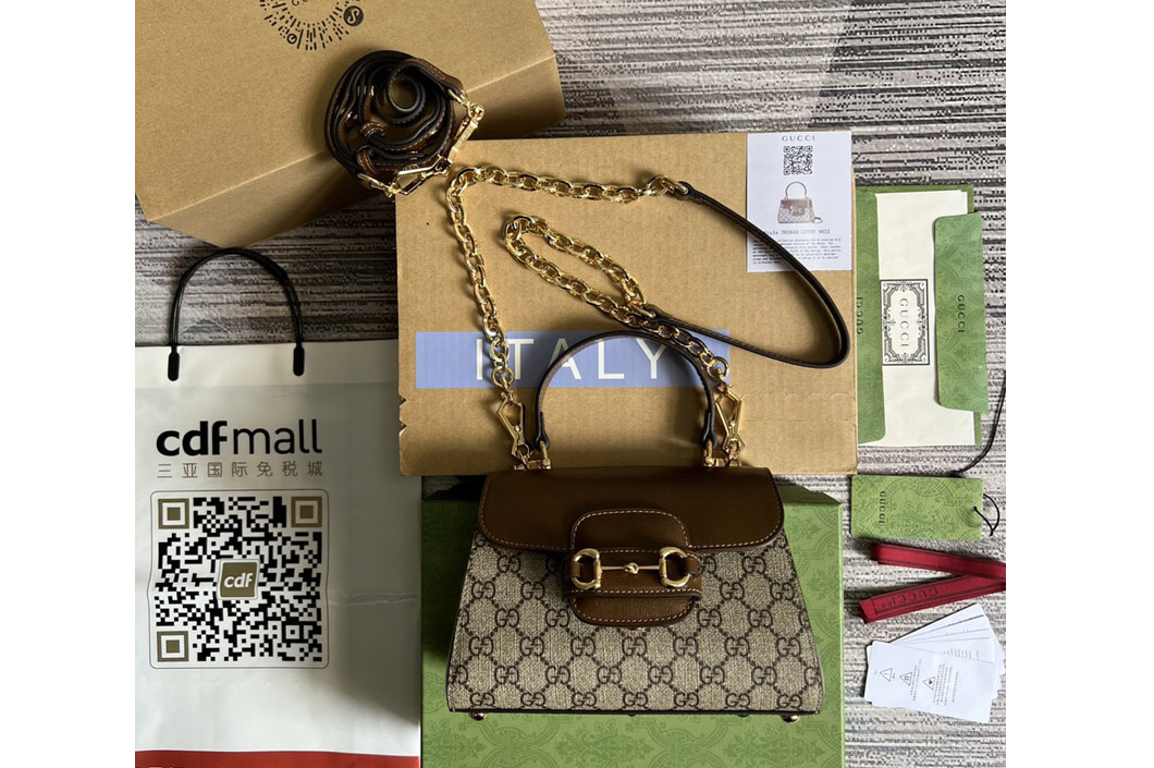 Gucci ‎‎703848 Horsebit 1955 mini bag in Beige and ebony GG Supreme canvas With Light brown Leather