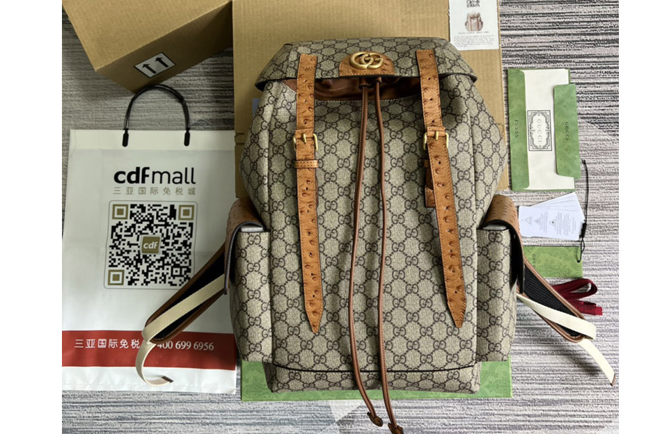 Gucci 710859 ostrich Trim backpack with Double G in Beige and ebony GG Supreme canvas